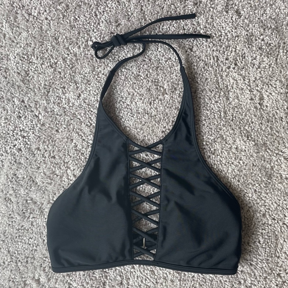 Hollister Swim Black Bikini Top Size XS High Neck Halter Style Criss Cross Front